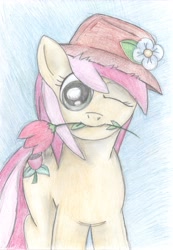 Size: 2424x3496 | Tagged: safe, artist:x-blackpearl-x, imported from derpibooru, roseluck, earth pony, pony, flower, flower in mouth, hat, looking at you, mouth hold, one eye closed, wink