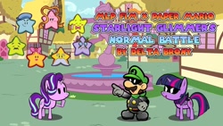 Size: 1280x720 | Tagged: safe, imported from derpibooru, starlight glimmer, twilight sparkle, alicorn, pony, cutie mark crew, delta brony, fountain, luigi, mr. l, my little pony, my paper pony, paper mario, paper pony, stars, super mario, super mario bros., super paper mario, superhero, toy, twilight sparkle (alicorn)