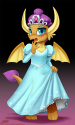 Size: 1100x1832 | Tagged: safe, artist:johnjoseco, imported from derpibooru, smolder, dragon, blushing, clothes, cute, dragoness, dress, embarrassed, fangs, female, horns, jewelry, lipstick, open mouth, princess smolder, smolder also dresses in style, smolderbetes, solo, spread wings, wings