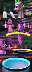 Size: 1920x4320 | Tagged: safe, artist:papadragon69, imported from derpibooru, spike, twilight sparkle, alicorn, dragon, comic:spike's cyosa, 3d, bottle, cauldron, comic, cyoa, laboratory, older, older spike, potion, source filmmaker, teenage spike, teenager, twilight sparkle (alicorn), winged spike, wings
