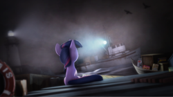 Size: 2832x1585 | Tagged: safe, artist:sindroom, imported from derpibooru, twilight sparkle, pony, 3d, boat, female, fog, lighthouse, solo, source filmmaker, turret, water