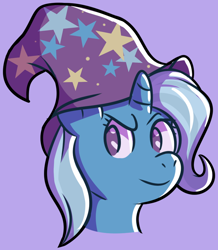 Size: 832x956 | Tagged: safe, artist:snexy-snek, imported from derpibooru, trixie, pony, bust, clothes, cute, diatrixes, female, hat, mare, no pupils, portrait, purple background, simple background, solo, trixie's hat