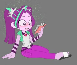 Size: 850x721 | Tagged: safe, artist:examm, imported from derpibooru, aria blaze, equestria girls, blushing, book, female, reading, sandals, solo