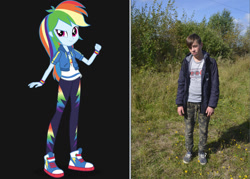 Size: 1226x876 | Tagged: safe, deleted from derpibooru, imported from derpibooru, rainbow dash, equestria girls, boy, cloud, dandelion, daniel, forest, glass, good, looking, male, sky, smiling