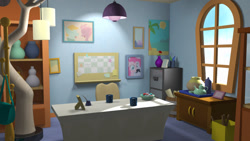 Size: 960x540 | Tagged: safe, artist:bushbuck93, imported from derpibooru, pinkie pie, starlight glimmer, 3d, chocolate, desk, empathy cocoa, food, frame, guidance counselor, hot chocolate, implied starlight glimmer, marshmallow, maya, starlight's office