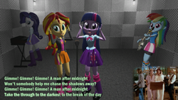 Size: 1001x564 | Tagged: safe, artist:didgereethebrony, imported from derpibooru, rainbow dash, rarity, sunset shimmer, twilight sparkle, equestria girls, 3d, abba, electric guitar, electric piano, female, gimme! gimme! gimme! (a man after midnight), gmod, grammar error, guitar, keyboard, looking at you, lyrics, microphone, musical instrument, recording, singing, solo, song reference, text