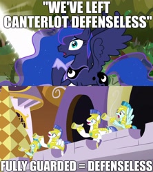 Size: 1920x2160 | Tagged: safe, edit, edited screencap, imported from derpibooru, screencap, princess luna, the beginning of the end, canterlot, canterlot guards, caption, eyes closed, female, guards, image macro, male, text, useless