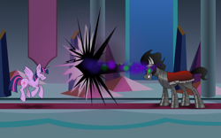 Size: 1280x800 | Tagged: safe, artist:zeronitroman, imported from derpibooru, king sombra, twilight sparkle, alicorn, pony, unicorn, the beginning of the end, beam struggle, fight, twilight sparkle (alicorn)