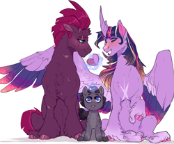 Size: 927x768 | Tagged: safe, artist:dingobreath, deleted from derpibooru, imported from derpibooru, tempest shadow, twilight sparkle, oc, oc:poetic justice, alicorn, classical unicorn, pony, unicorn, cloven hooves, colored wings, colt, eye scar, female, hug, leonine tail, lesbian, long feather, magic, magical lesbian spawn, male, multicolored wings, offspring, parent:tempest shadow, parent:twilight sparkle, parents:tempestlight, scar, shipping, simple background, tempestlight, twilight sparkle (alicorn), unshorn fetlocks, white background, winghug