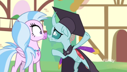 Size: 1366x768 | Tagged: safe, imported from derpibooru, screencap, ocellus, silverstream, changedling, changeling, hippogriff, uprooted, boop, clothes, discovery family logo, dress, duo, female, gown, graduation cap, hat, nervous, noseboop, ponyville, robe