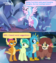 Size: 1364x1528 | Tagged: safe, edited screencap, imported from derpibooru, screencap, gallus, sandbar, silverstream, smolder, tree of harmony, yona, classical hippogriff, dragon, earth pony, griffon, hippogriff, pony, yak, uprooted, bow, broken, cloven hooves, comic, dialogue, dragoness, female, grammar error, hair bow, male, screencap comic, shattered, speech bubble