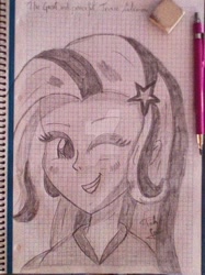 Size: 900x1204 | Tagged: safe, artist:susanzx2000, imported from derpibooru, trixie, human, equestria girls, female, graph paper, humanized, monochrome, solo, traditional art