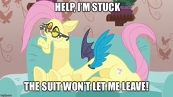 Size: 800x450 | Tagged: safe, edit, edited screencap, imported from derpibooru, screencap, discord, discordant harmony, caption, exploitable meme, fluttershy suit, help, help me, image macro, meme, stuck, text, trapped