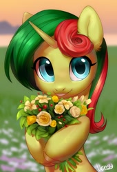 Size: 1473x2160 | Tagged: safe, artist:vensual99, imported from derpibooru, oc, oc only, oc:hungry flower, pony, unicorn, bouquet, bouquet of flowers, cute, female, flower, looking at you, rcf community, solo