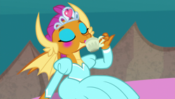 Size: 1920x1080 | Tagged: safe, imported from derpibooru, screencap, smolder, dragon, uprooted, clothes, cup, cute, dragoness, dress, eyes closed, eyeshadow, female, food, jewelry, lidded eyes, lipstick, makeup, princess smolder, smolderbetes, solo, tea, teacup, tiara