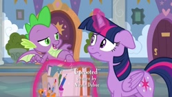 Size: 1280x720 | Tagged: safe, imported from derpibooru, screencap, spike, twilight sparkle, alicorn, dragon, pony, uprooted, claws, duo, female, glowing horn, male, mare, school of friendship, smiling, twilight sparkle (alicorn), winged spike, wings