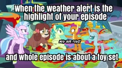 Size: 602x338 | Tagged: safe, edit, edited screencap, imported from derpibooru, screencap, gallus, ocellus, sandbar, silverstream, smolder, yona, changedling, changeling, classical hippogriff, dragon, earth pony, griffon, hippogriff, pony, yak, season 9, uprooted, bow, buy our toys, caption, cloven hooves, colored hooves, dragoness, emergency alert system, female, hair bow, image macro, jewelry, male, monkey swings, necklace, op is a duck, op is trying to start shit, op is wrong, student six, teenager, text