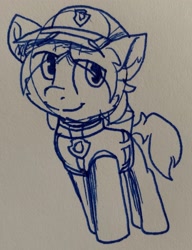 Size: 2006x2613 | Tagged: safe, artist:rainbow eevee, imported from derpibooru, sandbar, pony, cap, clothes, collar, cute, hat, ink drawing, lineart, looking at you, male, monochrome, paw patrol, sandabetes, simple background, solo, traditional art