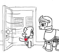 Size: 640x600 | Tagged: safe, artist:ficficponyfic, imported from derpibooru, oc, oc only, oc:emerald jewel, earth pony, pony, colt quest, adult, amulet, armor, child, colt, cute, cyoa, door, duo, foal, glare, guard, helmet, jewelry, male, microsoft, monochrome, smiling, stallion, story included, window, windows