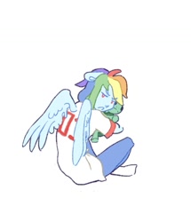 Size: 1280x1490 | Tagged: safe, artist:navy-pon, imported from derpibooru, rainbow dash, tank, human, cute, dashabetes, eared humanization, female, hug, humanized, plushie, sitting, solo, winged humanization, wings
