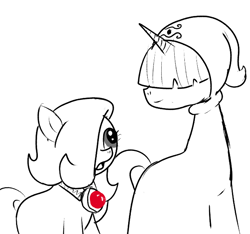 Size: 640x600 | Tagged: safe, artist:ficficponyfic, imported from derpibooru, oc, oc only, oc:emerald jewel, oc:sensoria, earth pony, pony, unicorn, colt quest, amulet, clothes, colt, cyoa, femboy, foal, hair over eyes, hair over one eye, hood, horn, jewelry, male, monochrome, robe, story included, talking