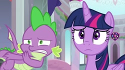 Size: 1280x718 | Tagged: safe, imported from derpibooru, screencap, spike, twilight sparkle, alicorn, dragon, pony, uprooted, claws, duo, female, male, mare, school of friendship, twilight sparkle (alicorn), winged spike, wings