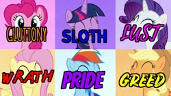 Size: 602x339 | Tagged: safe, imported from derpibooru, applejack, fluttershy, pinkie pie, rainbow dash, rarity, twilight sparkle, pony, mane six, my little fucking pony, seven deadly sins
