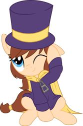Size: 4041x6095 | Tagged: safe, artist:pink1ejack, edit, imported from derpibooru, pony, a hat in time, absurd resolution, cape, clothes, cute, female, filly, hat, hat kid, one eye closed, ponified, simple background, sitting, smiling, solo, transparent background, vector, weapons-grade cute, wink