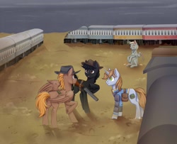 Size: 2560x2081 | Tagged: safe, artist:djkaskan, imported from derpibooru, derpy hooves, oc, oc:calamity, oc:littlepip, oc:railright, earth pony, ghoul, pegasus, pony, unicorn, fallout equestria, butt, carriage (railway), clothes, dashite, fanfic, fanfic art, female, gun, hat, hooves, horn, jumpsuit, male, mare, new appleloosa, pipbuck, plot, raised hoof, saddle bag, shotgun, sitting, stallion, standing, vault suit