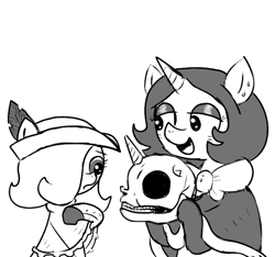 Size: 640x600 | Tagged: safe, artist:ficficponyfic, imported from derpibooru, oc, oc only, oc:emerald jewel, oc:joyride, earth pony, pony, unicorn, colt quest, adult, bowtie, child, clothes, colt, concerned, cyoa, eager, ear piercing, eyeshadow, feather, female, femboy, foal, hair over one eye, hat, horn, makeup, male, mantle, mare, monochrome, no iris, piercing, seance, skull, smiling, story included
