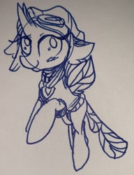 Size: 1887x2456 | Tagged: safe, artist:rainbow eevee, imported from derpibooru, ocellus, insect, clothes, female, goggles, grayscale, ink drawing, lineart, monochrome, paw patrol, simple background, skye, solo, traditional art, white background