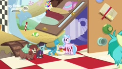 Size: 1920x1080 | Tagged: safe, imported from derpibooru, screencap, gallus, ocellus, sandbar, silverstream, yona, changedling, changeling, classical hippogriff, griffon, hippogriff, yak, uprooted, bow, checkerboard, cloven hooves, dream, female, graduation cap, hair bow, hat, male, robes