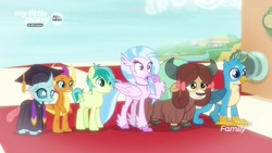 Size: 1920x1080 | Tagged: safe, imported from derpibooru, screencap, gallus, ocellus, sandbar, silverstream, smolder, yona, changedling, changeling, classical hippogriff, dragon, griffon, hippogriff, pony, yak, uprooted, bow, checkerboard, cloven hooves, dragoness, female, graduation cap, hair bow, hat, robes, student six