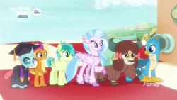 Size: 1920x1080 | Tagged: safe, imported from derpibooru, screencap, gallus, ocellus, sandbar, silverstream, smolder, yona, changedling, changeling, classical hippogriff, dragon, griffon, hippogriff, pony, yak, uprooted, bow, checkerboard, cloven hooves, dragoness, female, graduation cap, hair bow, hat, raised hoof, robes, student six