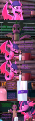Size: 1920x6480 | Tagged: safe, artist:papadragon69, imported from derpibooru, spike, twilight sparkle, alicorn, dragon, comic:spike's cyosa, 3d, bottle, cauldron, comic, cyoa, dragonified, laboratory, mirror, older, older spike, potion, source filmmaker, species swap, teenage spike, teenager, tongue out, transformation, twilidragon, twilight sparkle (alicorn), winged spike, wings