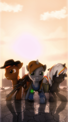 Size: 2158x3840 | Tagged: safe, artist:selestlight, imported from derpibooru, oc, oc only, oc:calamity, oc:littlepip, oc:velvet remedy, pegasus, pony, unicorn, fallout equestria, 3d, battle saddle, clothes, cowboy hat, dashite, fanfic, fanfic art, female, floppy ears, fluttershy medical saddlebag, gun, hat, hooves, horn, jumpsuit, male, mare, medical saddlebag, pipbuck, rifle, saddle bag, source filmmaker, stallion, vault suit, weapon, wings
