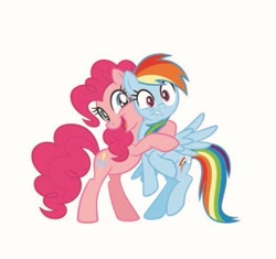 Size: 493x463 | Tagged: safe, imported from derpibooru, pinkie pie, rainbow dash, earth pony, pegasus, pony, awkward, awkward hug, female, hug, mare, official, official art, smiley face, smiling, stock vector