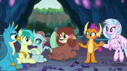 Size: 1920x1080 | Tagged: safe, imported from derpibooru, screencap, gallus, ocellus, sandbar, silverstream, smolder, yona, changedling, changeling, classical hippogriff, dragon, earth pony, griffon, hippogriff, pony, yak, uprooted, bow, cave of harmony, cloven hooves, dragoness, female, hair bow, male, student six