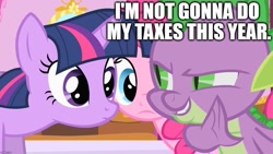 Size: 1280x720 | Tagged: safe, edit, edited screencap, imported from derpibooru, screencap, pinkie pie, spike, twilight sparkle, dragon, pony, green isn't your color, bad idea, caption, evil grin, female, grin, image macro, imminent audit, male, mare, smiling, tax evasion, taxes, text, this will end in jail time, whispering
