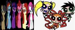 Size: 669x272 | Tagged: safe, editor:undeadponysoldier, imported from derpibooru, applejack, fluttershy, pinkie pie, rainbow dash, rarity, twilight sparkle, pony, elements of insanity, 1000 hours in ms paint, applepills, berserk, brat, brutalight sparcake, brute, fluttershout, pinkis cupcake, rainbine, rarifruit, split screen, the powerpuff girls, the powerpunk girls, vs, wrong aspect ratio