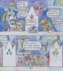 Size: 1566x1765 | Tagged: safe, artist:nephilim rider, imported from derpibooru, applejack, fluttershy, pinkie pie, rainbow dash, rarity, spike, twilight sparkle, oc, oc:heaven lost, alicorn, the beginning of the end, alicorn oc, mane seven, mane six, nephilim, traditional art, twilight sparkle (alicorn)