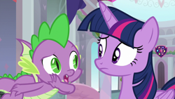 Size: 1280x720 | Tagged: safe, imported from derpibooru, screencap, spike, twilight sparkle, alicorn, dragon, pony, uprooted, claws, duo, female, male, mare, school of friendship, twilight sparkle (alicorn), winged spike, wings