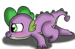 Size: 1024x675 | Tagged: safe, artist:emositecc, imported from derpibooru, spike, dragon, blushing, cute, male, nose wrinkle, profile, prone, simple background, solo, spikabetes, white background