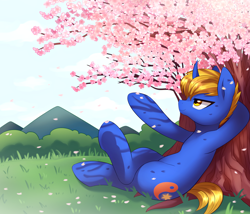 Size: 2800x2400 | Tagged: safe, artist:maren, imported from derpibooru, oc, oc only, oc:rising dusk, pony, unicorn, commission, male, smiling, solo, stallion, tree