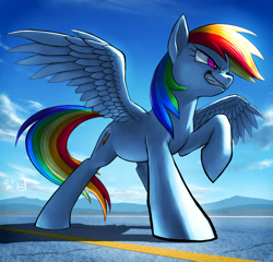 Size: 2500x2400 | Tagged: safe, artist:murskme, imported from derpibooru, rainbow dash, pegasus, pony, angle, asphalt, badass, cloud, complex background, cracks, daytime, digital art, female, furrowed brow, grin, japanese, kanji, lighting, looking forward, mare, mountain, mountain range, outdoors, painting, perspective, raised hoof, shadow, sky, smiling, solo, spread wings, wings