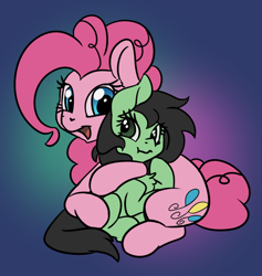 Size: 864x912 | Tagged: safe, artist:lockhe4rt, imported from derpibooru, pinkie pie, oc, oc:filly anon, earth pony, pony, chest fluff, female, filly, hug, scrunchy face, simple background, sitting, smiling