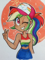 Size: 720x960 | Tagged: safe, artist:darkynez, imported from derpibooru, rainbow dash, human, cap, colored pupils, cute, dark skin, dashabetes, female, front knot midriff, hat, humanized, midriff, one eye closed, peace sign, smiling, solo, traditional art, wink