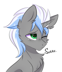 Size: 2356x2732 | Tagged: safe, artist:pesty_skillengton, imported from derpibooru, oc, oc only, oc:icy trail, pony, unicorn, bust, cute, dialogue, green eyes, looking up, one eye closed, one word, portrait, simple background, solo, sorry, white background