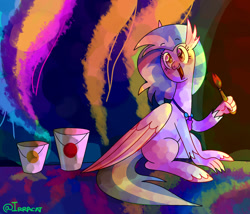 Size: 1280x1097 | Tagged: safe, artist:1racat, imported from derpibooru, silverstream, classical hippogriff, hippogriff, uprooted, cute, diastreamies, female, open mouth, paint, paint bucket, paintbrush, scene interpretation, solo