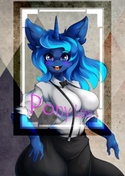 Size: 1867x2634 | Tagged: safe, alternate version, artist:artist-apprentice587, imported from derpibooru, princess luna, anthro, breasts, busty princess luna, clothes, female, horns, looking at you, open mouth, plastic love, smiling, solo, starry eyes, wingding eyes